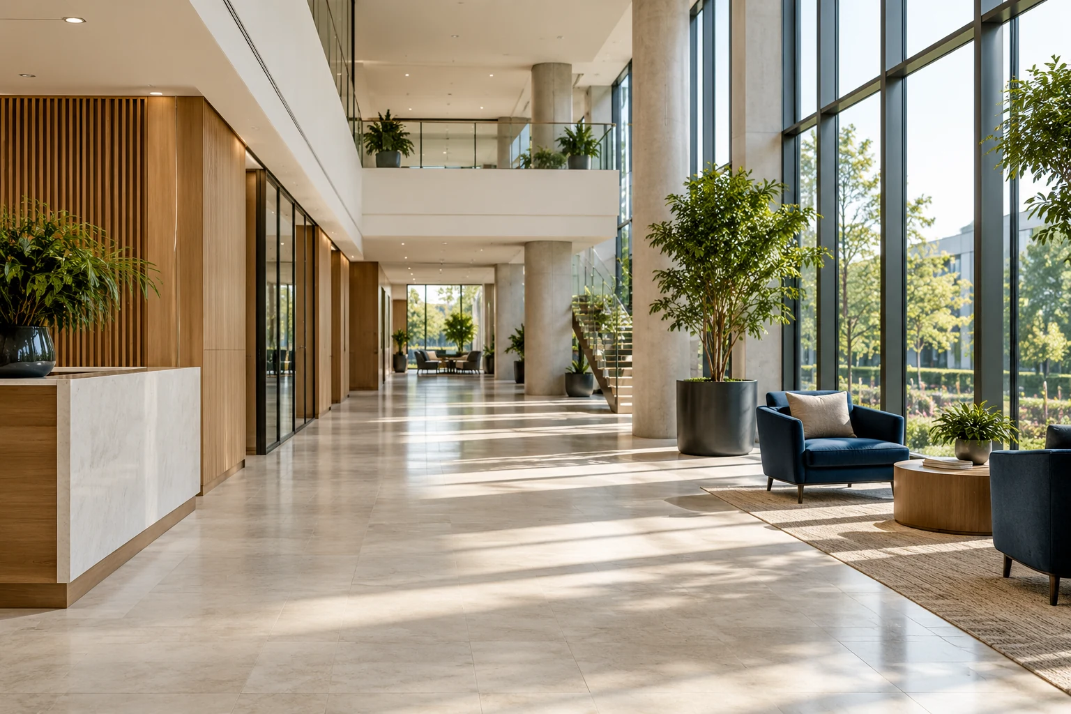 Illustrative sunlit office atrium with clean stone floors and generous natural light